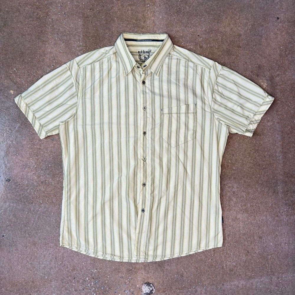 Kuhl Eluxur Mens Large Green Striped Short Sleeve Button Down Hiking Shirt Ionik